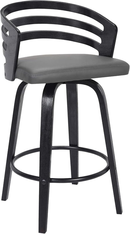 Armen Living Jayden Modern 26" Seat Height Swivel Grey Faux Leather and Black Wood Bar Stool for Kitchen Island Counter