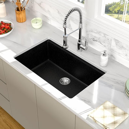 30 Granite Composite Kitchen Sink - 30x19 Inch Black Granite Kitchen Sinks Undermount Black Quartz Sink Ledge Workstation Classic Under Counter Single Bowl Sinks Basin