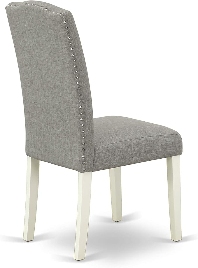 East West Furniture ENP2T06 Encinal Parson Dining Chairs - Nailhead Trim Dark Shitake Linen Fabric Padded Chairs, Set of 2, Linen White