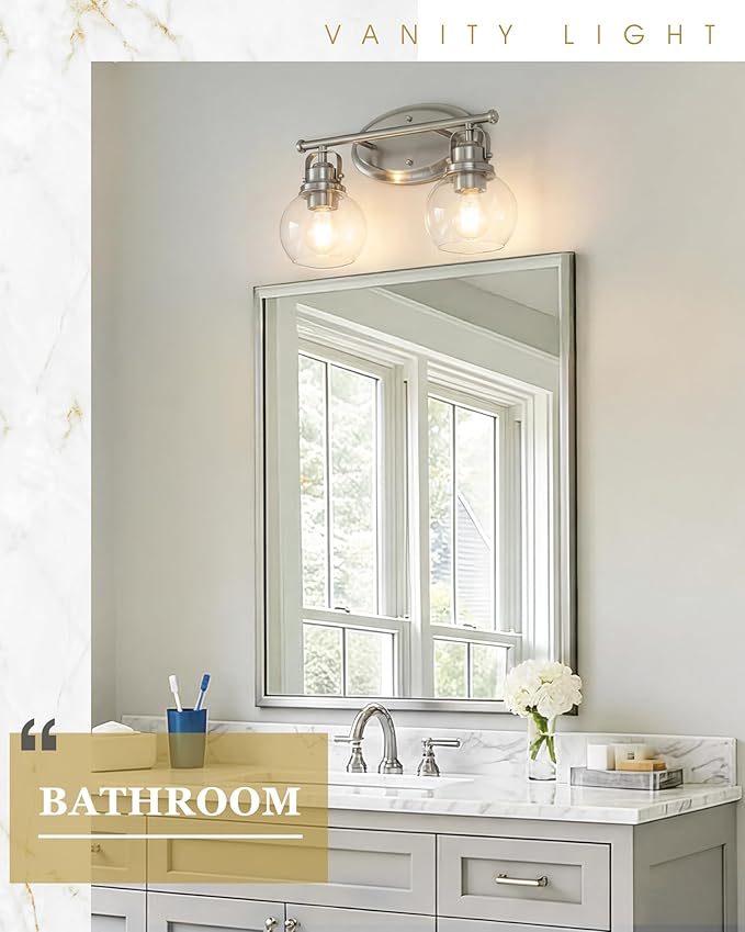 Bathroom Light Fixtures, 2-Light 14" Brushed Nickel Vanity Lights with Clear Globe Glass Shades, Farmhouse Vintage Vanity Lighting Fixtures Over Mirror, E26 Base, AD-2147-2W-SN