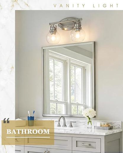 Bathroom Light Fixtures, 2-Light 14" Brushed Nickel Vanity Lights with Clear Globe Glass Shades, Farmhouse Vintage Vanity Lighting Fixtures Over Mirror, E26 Base, AD-2147-2W-SN