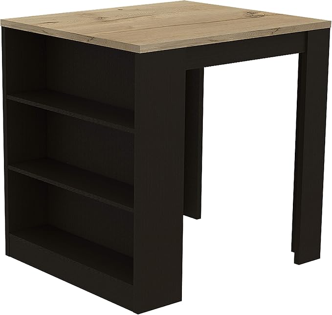 Modern Farmhouse Kitchen Island Table, 36.2x36.2 Inch Two-Leg Design with Three Side Storage Shelves, Versatile Black/Pine Center Table for Kitchen and Dining Room