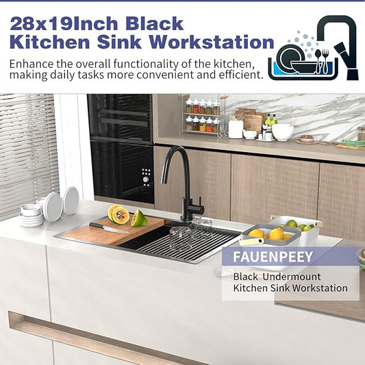 Black Kitchen Sink Workstation,28"x19" Stainless Steel Undermount Single Bowl Sink Built-in Ledge Drop In Workstation Sink For Placing/Sliding Accessories-Cutting Board,Drying Rack,Colander