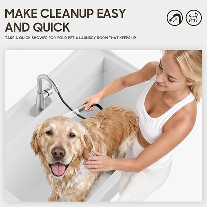 Phiestina Tall Bathroom Faucets with Pull Down Sprayer, Brushed Nickel High Arc Single Handle Pull Out Faucet, 1 or 3 Hole Utility Sink Laundry Bar Faucet Pull Out with Deck Plate WE10CL-ZY-BN