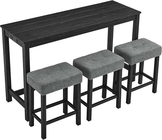 59" Bar Table Set with Power Outlet - 4 Piece Dining Table and 3 Upholstered Stools, Counter Height Pub Table with Charging Station, Fordining Room, Kitchen Island Table with Seating Pub Table Set