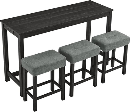 59" Bar Table Set with Power Outlet - 4 Piece Dining Table and 3 Upholstered Stools, Counter Height Pub Table with Charging Station, Fordining Room, Kitchen Island Table with Seating Pub Table Set