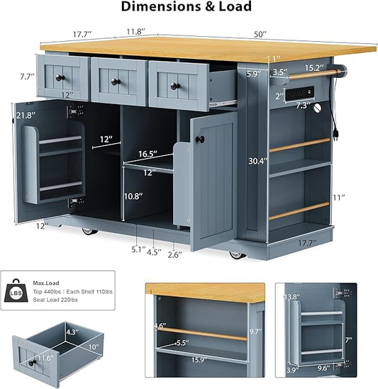 53'' Large Kitchen Island with 3 Drawers & Power Outlet & Door Internal Storage Rack & 5 Open Side Racks, Kitchen Storage Cart with 5 Wheels & Drop Leaf & 5 Open Side Racks, Grey Blue