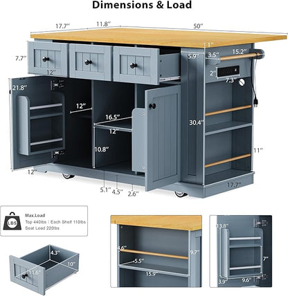 LUMISOL 53” Large Kitchen Island with Drop Leaf and Power Outlet, Rolling Kitchen Cart with Wheels, Door Internal Storage Rack and 5 Open Side Racks, Not Included Stools, Grey Blue
