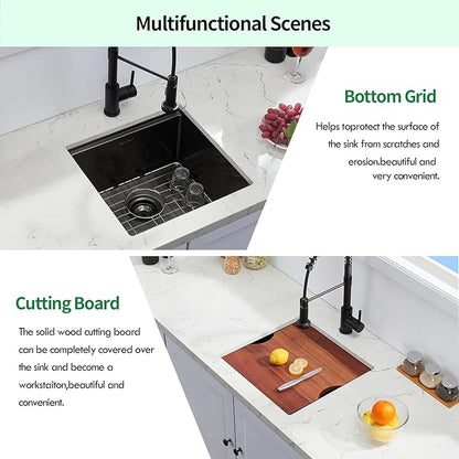 Undermount Kitchen Sink, 18 x 18 x 10 Inch Sink Kitchen 16 Gauge Gunmetal Black Stainless Steel Kitchen Sinks Single Bowl Workstation Sink with Cutting Board