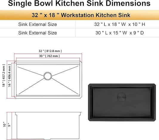 Black Undermount Kitchen Sink, 16 Gauge 304S Stainless Steel Workstation Sink with Full Set Accessories, 32" x 18" x 10" Large and Deep Single Bowl Kitchen Sinks