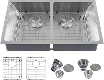 Rhbamoa 30 Inch Undermount Double Sink,16-Gauge T304 Stainless Steel Kitchen Sink 30'' x 18'',50/50 Double Bowl Kitchen Sinks Undermount with Accessories,9 Inch Deep Sinks with Brushed Finish