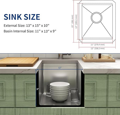 LQS 13 Inch Undermount Bar Sink, Stainless Steel RV Kitchen Sink, 10" Depth Small RV Kitchen Sink, 16 Gauage Stainless Steel Material, Workstation Ledge With Cutting Board and Abundant Accessories