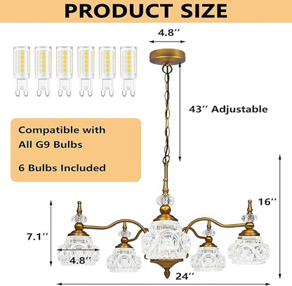 Montex Brass Pendant Light Fixture, Gold Vintage Chandelier Light Fixture 5 Lights, Include 6 Light Bulbs Glass Pendant Light Crystal Hanging Light