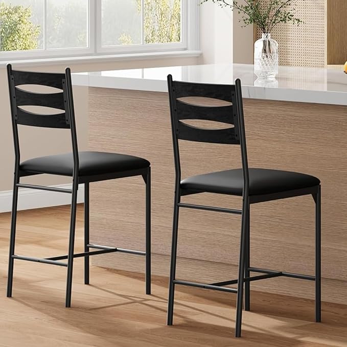 Garvee Bar Stools Set of 2, Counter Height Bar Chairs with Back and Thick Cushion, Upholstered Dining Chairs with Padded Seat, Barstools for Kitchen Island, Bar, Dining Room, Black