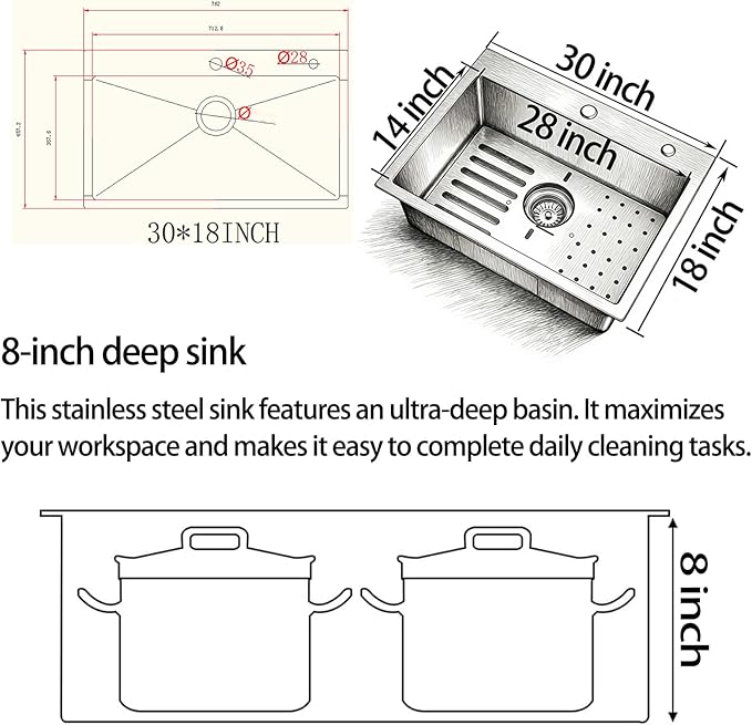 Kitchen Sink, 304 Stainless Steel Sink, Single Bowl, Drop In Kitchen Sink with Complete Accessories, Perfect for Homes, Apartments, and Modern Kitchens in All Settings(Gunmetal, 30 * 18 in)
