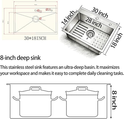 Kitchen Sink, 304 Stainless Steel Sink, Single Bowl, Drop In Kitchen Sink with Complete Accessories, Perfect for Homes, Apartments, and Modern Kitchens in All Settings(Gunmetal, 30 * 18 in)