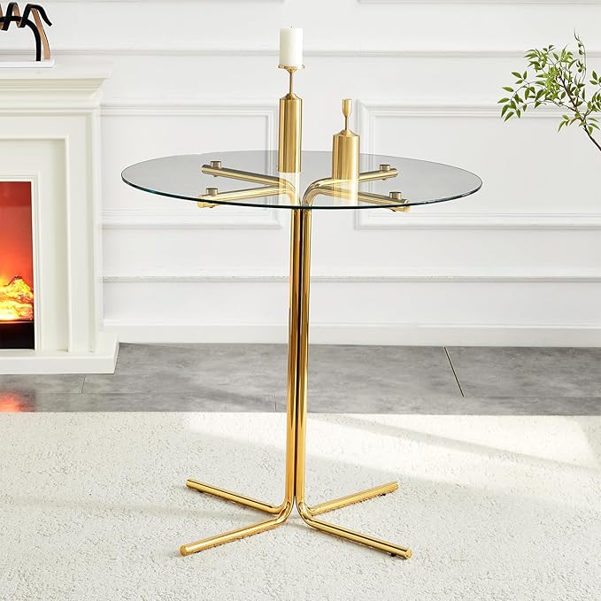 36" Round Counter Height Table, Tempered Glass Top with Gold Metal Base, Modern Pub Table for Kitchen, Bar & Small Spaces