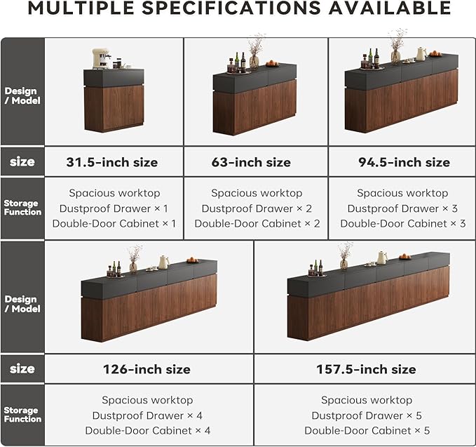 157.5"Buffet Cabinet with Drawer & Door, Console Table, Set of 5 Modular Stackable Sideboard Coffee Bar Cabinet with Adjustable Shelve, Matte Gray Walnut Storage Accent Credenza for Living Room