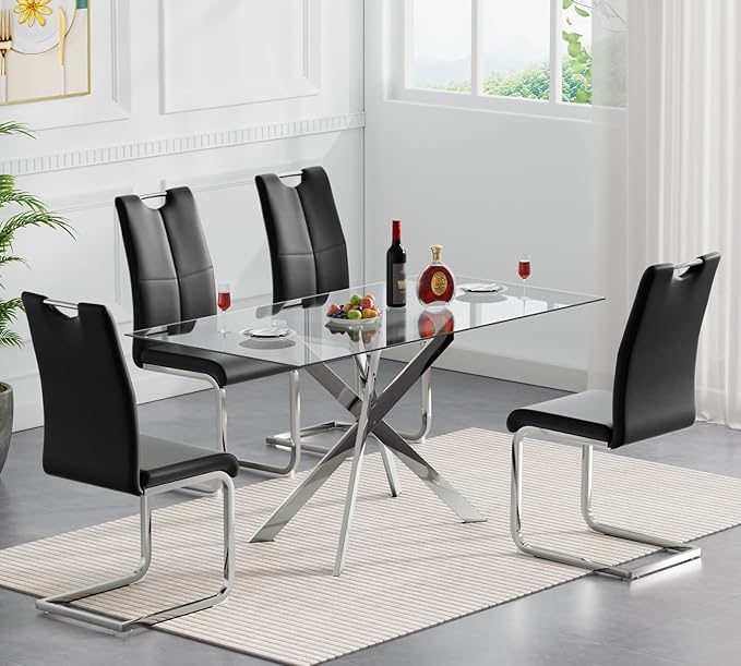 51.2'' Glass Dining Table for 4, Rectangular Dining Room Table for 4, X-Shape Silver Metal Legs, Kitchen Dining Room Living Room Glass Top Kitchen Table for 2