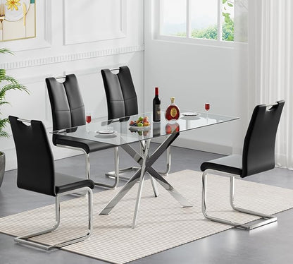 51.2'' Glass Dining Table for 4, Rectangular Dining Room Table for 4, X-Shape Silver Metal Legs, Kitchen Dining Room Living Room Glass Top Kitchen Table for 2
