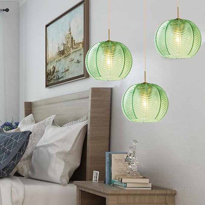 Mid Century Modern Chandelier Glass Globe 3-Light 8.6″ Emerald Green Ribbed Glass Shade Large Ball Chandeliers Sputnik Chandelier Vintage Hanging Ceiling Light Fixture Kitchen Island
