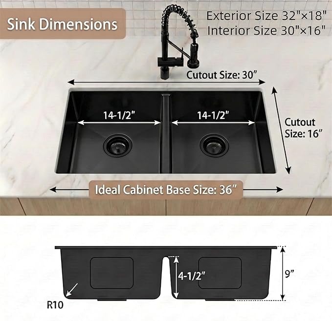 32 inch Double Bowl Kitchen Sink,Black Undermount Kitchen Sink 32 X 18 inch,16 Gauge Stainless Steel Undermount Sinks,Special Low-Divide Design