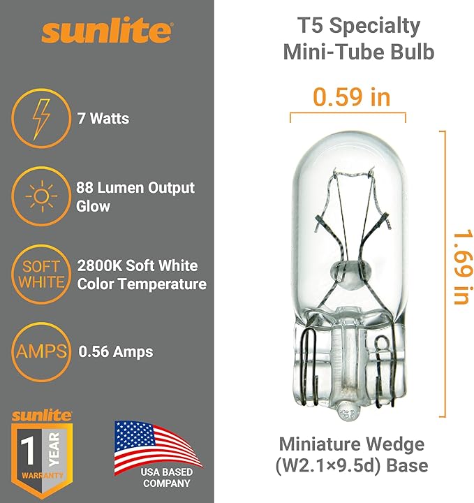 Sunlite T5 Specialty Mini-Tube Bulb, 7 Watts, 88 Lumens, 12.8V, C-2R Filament, Miniature Wedge W2.1x9.5d Base, Clear Finish, 2800K Soft White, for Under Cabinet Lighting and Signage Lighting, 10 Pack