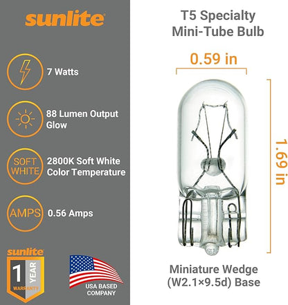 Sunlite T5 Specialty Mini-Tube Bulb, 7 Watts, 88 Lumens, 12.8V, C-2R Filament, Miniature Wedge W2.1x9.5d Base, Clear Finish, 2800K Soft White, for Under Cabinet Lighting and Signage Lighting, 10 Pack