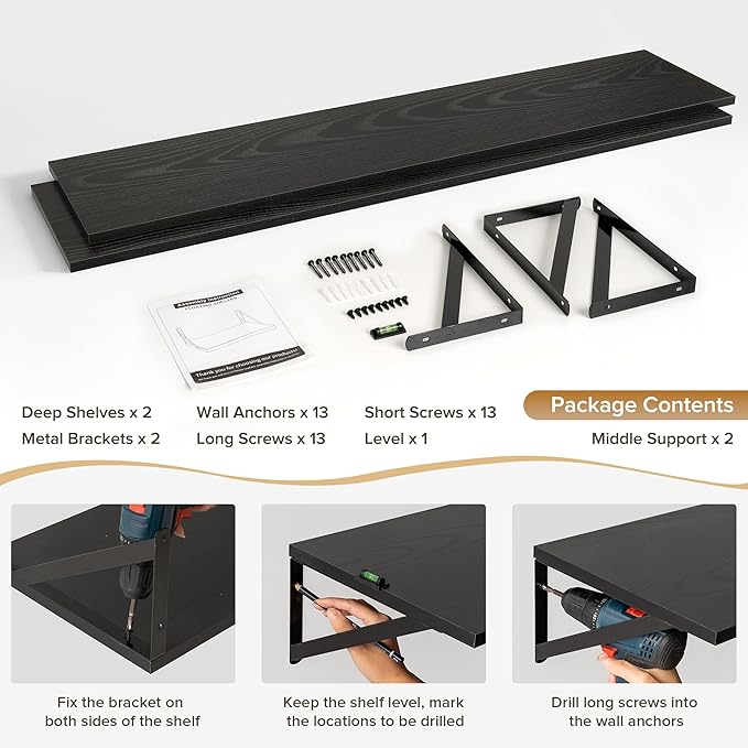 Acovy Deep Floating Shelves Wall Mounted, 55"x12" Black Wall Shelves with Brackets Set of 2 for Bedroom, Living Room, Bathroom, Kitchen, Office - Storage & Display Shelf for Decor, Books, Plants