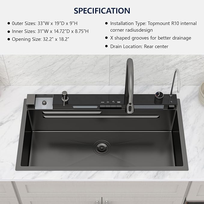 Logmey 33" Smart Dual Waterfall Sink with Digital Display,Water Purifier,Nano PVD Black Drop in Kitchen Sink with Faucet,16 Gauge Stainless Steel Sinks with Temperature Control Knob,5 Buttons,33x19x9