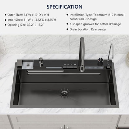 Logmey 33" Smart Dual Waterfall Sink with Digital Display,Water Purifier,Nano PVD Black Drop in Kitchen Sink with Faucet,16 Gauge Stainless Steel Sinks with Temperature Control Knob,5 Buttons,33x19x9