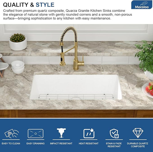 Mocoloo 33 Inch Granite Composite Kitchen Sink - 33 x 19 inch White Undermount Kitchen Sinks, Matte White Quartz Single Bowl Under Counter Sink