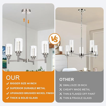 VINLUZ LED 4-Light Brushed Nickel Chandelier for Dining Room, Modern Farmhouse Chandelier with Clear Bubble Crystal Glass Shades, Ceiling Pendant Light with Adjustable Swivel Heads for Kitchen Hallway