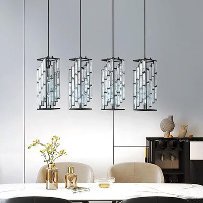 4-Light Adjustable Pendant Light, Modern Mini Crystal Chandelier with Black Metal Frame, Kitchen Island Lighting for Dining Room, Bedroom, Easy Installation