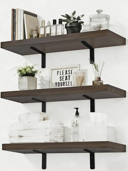 Easy Install Floating Shelves, 15.7 Inch Wall Mounted Wood Shelf,Hanging Shelf for Home Decor, Books and Storage, Small Organizer for Bedroom, Bathroom, Kitchen, Set of 3, Vintage Brown