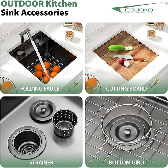 16x17 Inch Outdoor Sink Black Undermount RV Sink Workstation NANO PVD 16 Gauge Stainless Steel Single Bowl Handmade Outdoor Kitchen Sinks With Folding Faucet 16"x17"x9"