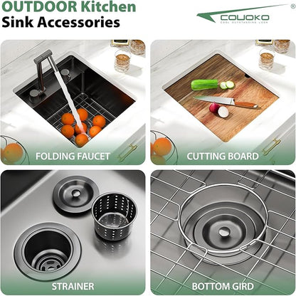 16x17 Inch Outdoor Sink Black Undermount RV Sink Workstation NANO PVD 16 Gauge Stainless Steel Single Bowl Handmade Outdoor Kitchen Sinks With Folding Faucet 16"x17"x9"