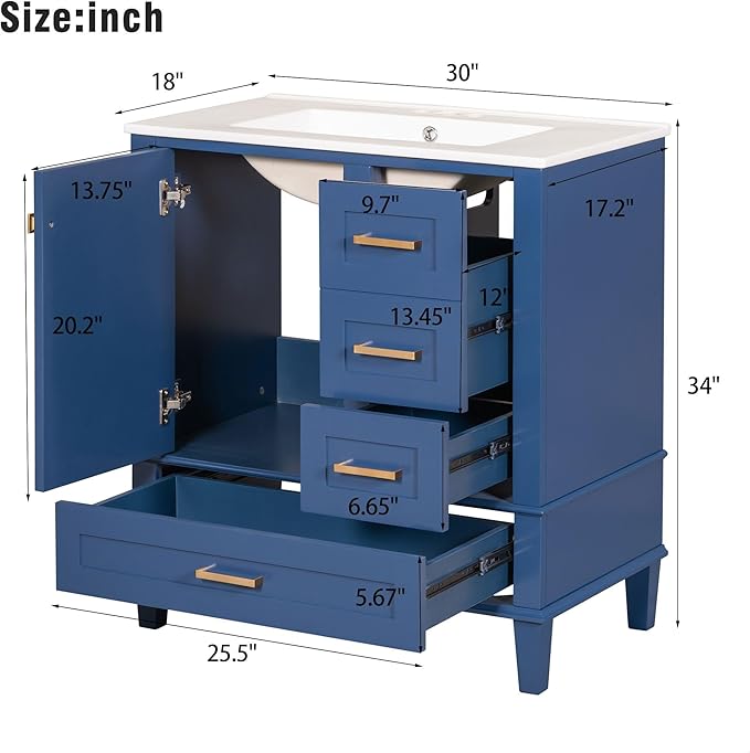 GDFStudio 30" Bathroom Vanity Sink Combo with 3 Drawers & 1 Soft Closing Door Floor Mount Freestanding Wood Bathroom Storage Cabinet Set with Ceramic Basin Sink Top for Small Bathroom Space, Blue