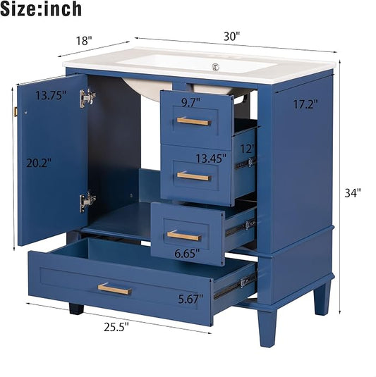 GDFStudio 30" Bathroom Vanity Sink Combo with 3 Drawers & 1 Soft Closing Door Floor Mount Freestanding Wood Bathroom Storage Cabinet Set with Ceramic Basin Sink Top for Small Bathroom Space, Blue
