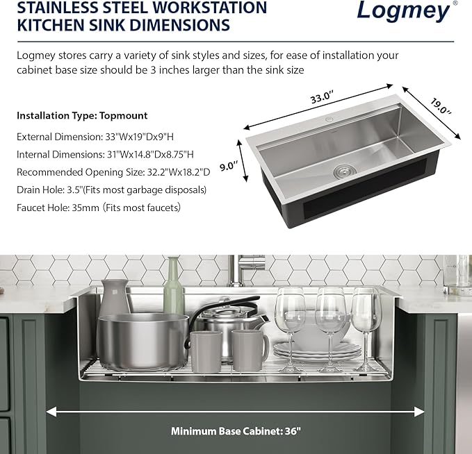 Logmey 33x19 Drop In Kitchen Sink 33 Inch Stainless Steel Workstation Sinks SUS304 16 Gauge Topmount Ledge Single Bowl Overmount Kitchen Sinks 33x19x9