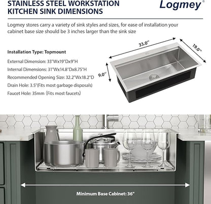 Logmey 33x19 Drop In Kitchen Sink 33 Inch Stainless Steel Workstation Sinks SUS304 16 Gauge Topmount Ledge Single Bowl Overmount Kitchen Sinks 33x19x9