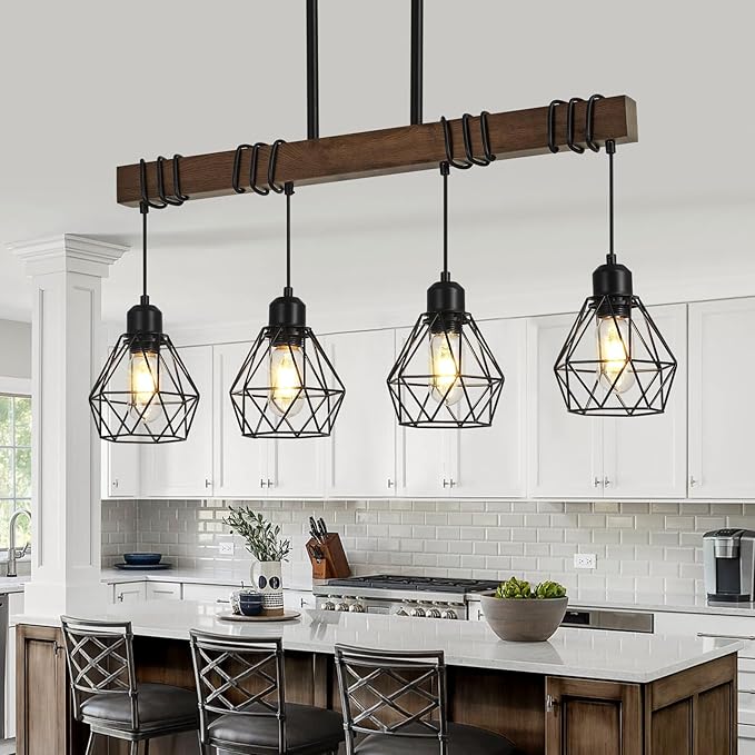 29.5 ‘’ 4-Light Kitchen Chandeliers Over Table, Farmhouse Black Dining Room Light Fixture, Linear Rustic Wood Ceiling Pendant Island Light Fixtures with Metal Lampshade, Height Adjustable