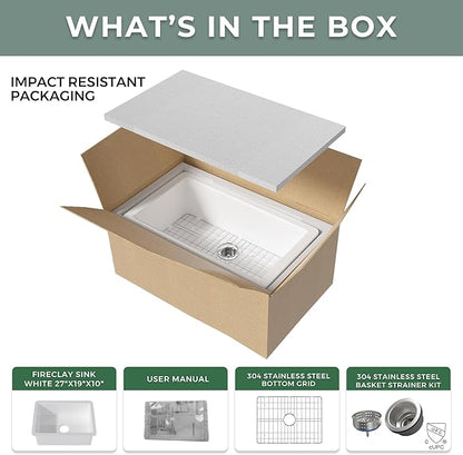 Fireclay White Undermount Kitchen Sink 27 Inch, Topmount White Undermount Laundry Sink 27''Wx19''Dx10''H Drop In Single Bowl, Heavy Duty Deep Basin, Dual Mount, for Kitchen, Island, Laundry