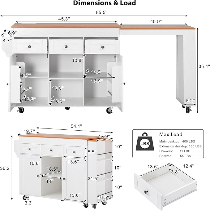 Polibi 85.5" Rolling Kitchen Island with Extendable Dining Table, 3 Drawers, 2 Doors, 3-Tier Open Shelves, Power Outlet, Mobile Cart with Wheels for Kitchen Storage, White
