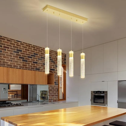4-Light Gold Pendant Lights Kitchen Island Modern LED Dimmable Gold Crystal Column Ceiling Light for Dinning Room Living Room 32W