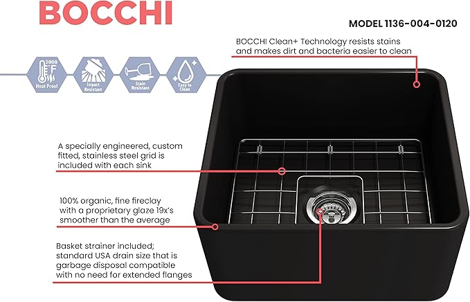 BOCCHI Classico Farmhouse Apron Front Fireclay 20 in. Single Bowl Kitchen Sink with Protective Bottom Grid and Strainer in M.Black