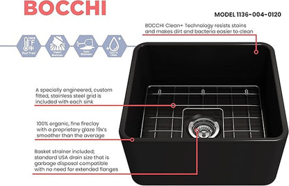 BOCCHI Classico Farmhouse Apron Front Fireclay 20 in. Single Bowl Kitchen Sink with Protective Bottom Grid and Strainer in M.Black