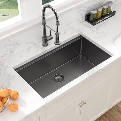 Sarlai 30 Inch Undermount Kitchen Sink Stainless Steel - 30 x 18 Inch Black Undermount Workstation Sink Commercial 16 Gauge Stainless Steel Gunmetal Black Sink Deep Single Bowl Kitchen Sink