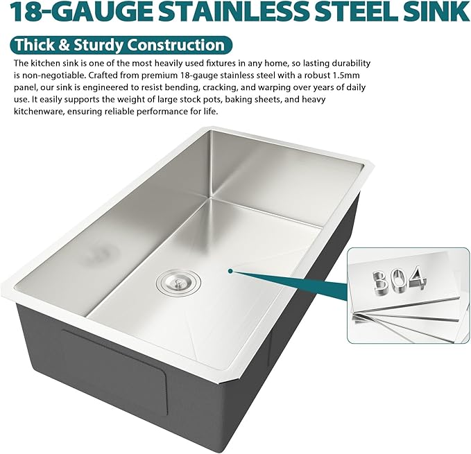 Undermount Kitchen Sink 33x19x9 Inch Deep Single Bowl 18 Gauge Stainless Steel Under Counter Sinks Basin With Drain Strainer