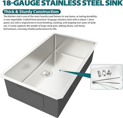 Undermount Kitchen Sink 33x19x9 Inch Deep Single Bowl 18 Gauge Stainless Steel Under Counter Sinks Basin With Drain Strainer